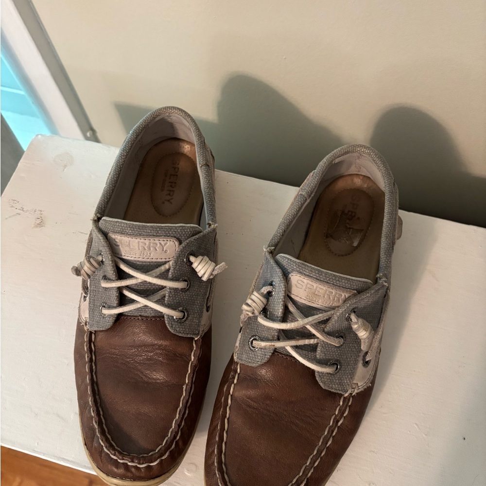 SOLD - Sperry Boat Shoes Brown and Gray with Rawhide Laces